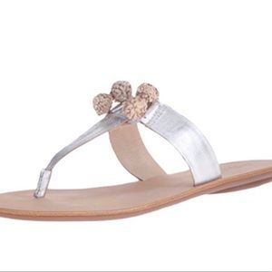 Loeffler Randall Women's Sosie GKS Flat Pom Pom Sandal Silver/Wheat Sz 10